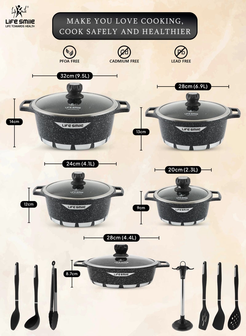 Life Smile Nonstick Cookware Set 17 pcs Cookwares-Energy Saver Bottom-Granite Coating  20cm(2.3 L)/24cm(4.1 L)/28cm (6.9 L)/ 32cm (9.5 L)Casserole with Lid, 28cmx4.4L Shallow pot with Lid & 6pcs Spoon set with Stand - Image 5