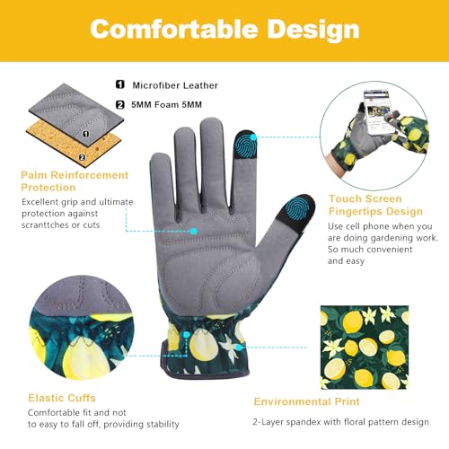 KDK Gardening Gloves for Women, Flexible Breathable Garden Gloves, Leather Working Gloves for Weeding, Digging and Pruning (M-Lemon) - Image 3