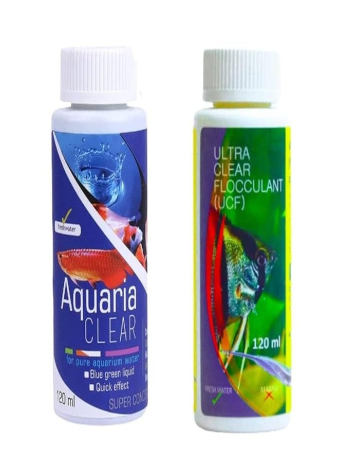 KSH STORE متجر KSH ®، مجموعة مُنقّي مياه أحواض السمك الممتازة من Aquatic Remedies، محلول معالجة كريستال كلير، 120 مل Aquaria Clear + 120 مل Ultra CLAR Flocculant، لصيانة أحواض السمك - Image 1
