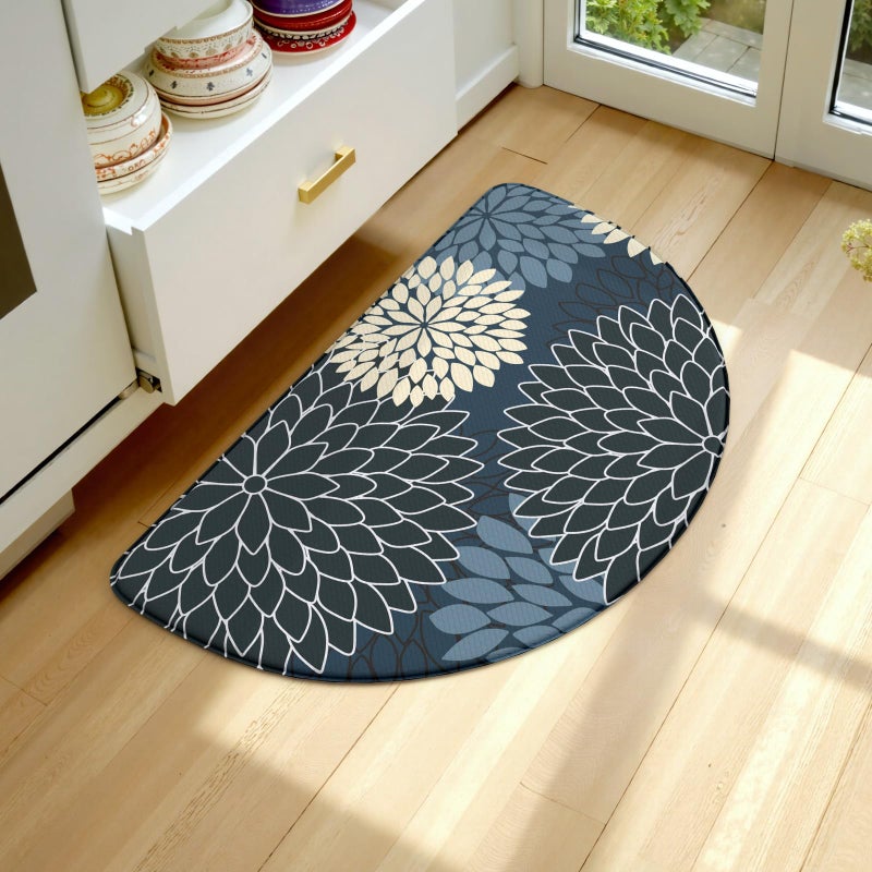 KIMODE Half Circle Kitchen Mats for Floor Cushioned Anti Fatigue,Semi Round Floral Boho Kitchen Rug Non Slip,Waterproof Kitchen Carpet Decor for Sink Laundry Bathroom,Blue Multi - Image 1
