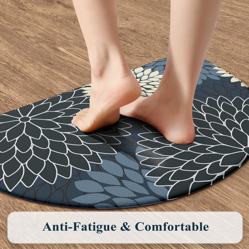 KIMODE Half Circle Kitchen Mats for Floor Cushioned Anti Fatigue,Semi Round Floral Boho Kitchen Rug Non Slip,Waterproof Kitchen Carpet Decor for Sink Laundry Bathroom,Blue Multi - Image 2