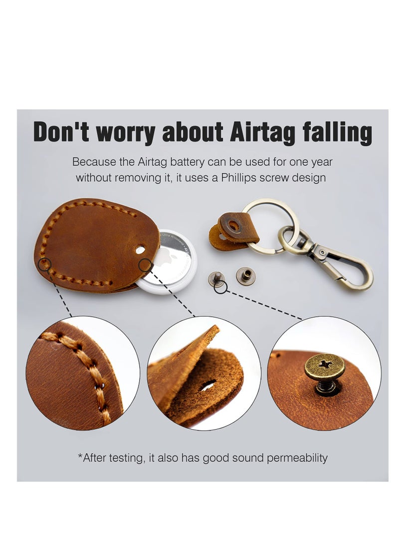 Handmade Genuine Leather Keychain Holder for AirTags 2021 Portable Full Coverage Protective Case in Brown - Image 3