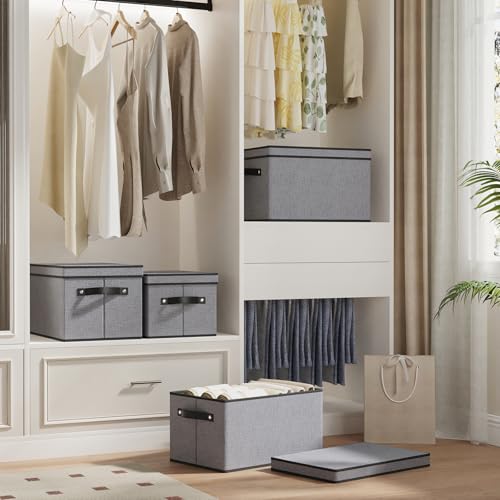 YheenLf Fabric Storage Boxes, 7.1 x 9.1 x 13 Inch Baskets for Shelves with Lids, Wardrobe Organiser with Handles, Decorative Linen Closet Organizer Bins, Gray, 1 Pack - Image 3