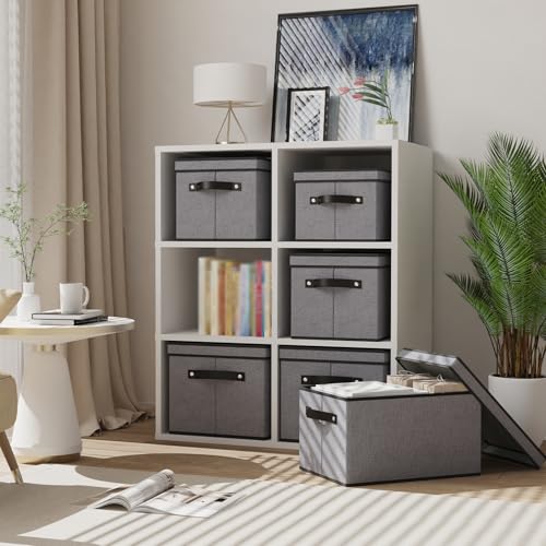 YheenLf Fabric Storage Boxes, 7.1 x 9.1 x 13 Inch Baskets for Shelves with Lids, Wardrobe Organiser with Handles, Decorative Linen Closet Organizer Bins, Gray, 1 Pack - Image 2