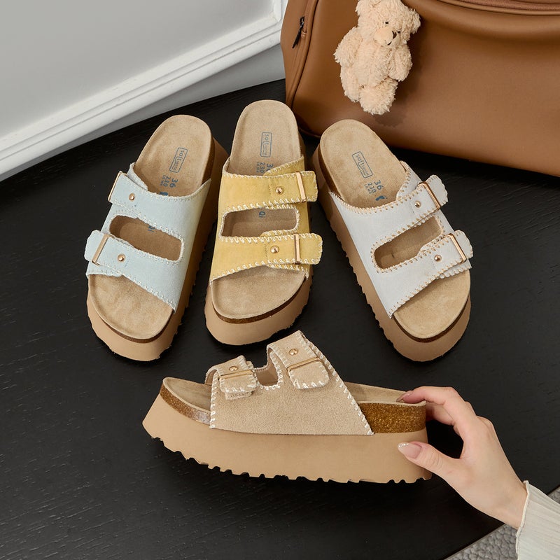 7Cm Thick Slippers Cowhide Bucken Slippers Genuine Leather Sandals Outwear Summer Shorty Dress Slippers - Image 4