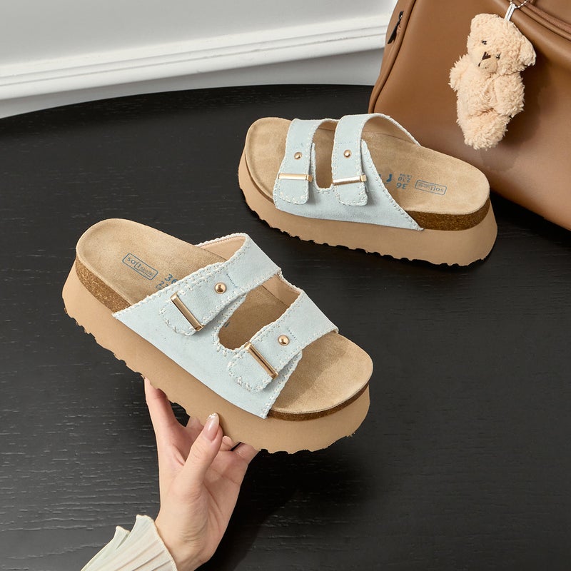 7Cm Thick Slippers Cowhide Bucken Slippers Genuine Leather Sandals Outwear Summer Shorty Dress Slippers - Image 5