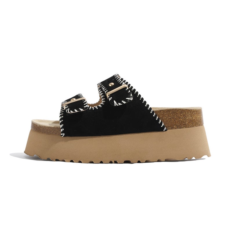 7Cm Thick Slippers Cowhide Bucken Slippers Genuine Leather Sandals Outwear Summer Shorty Dress Slippers - Image 1