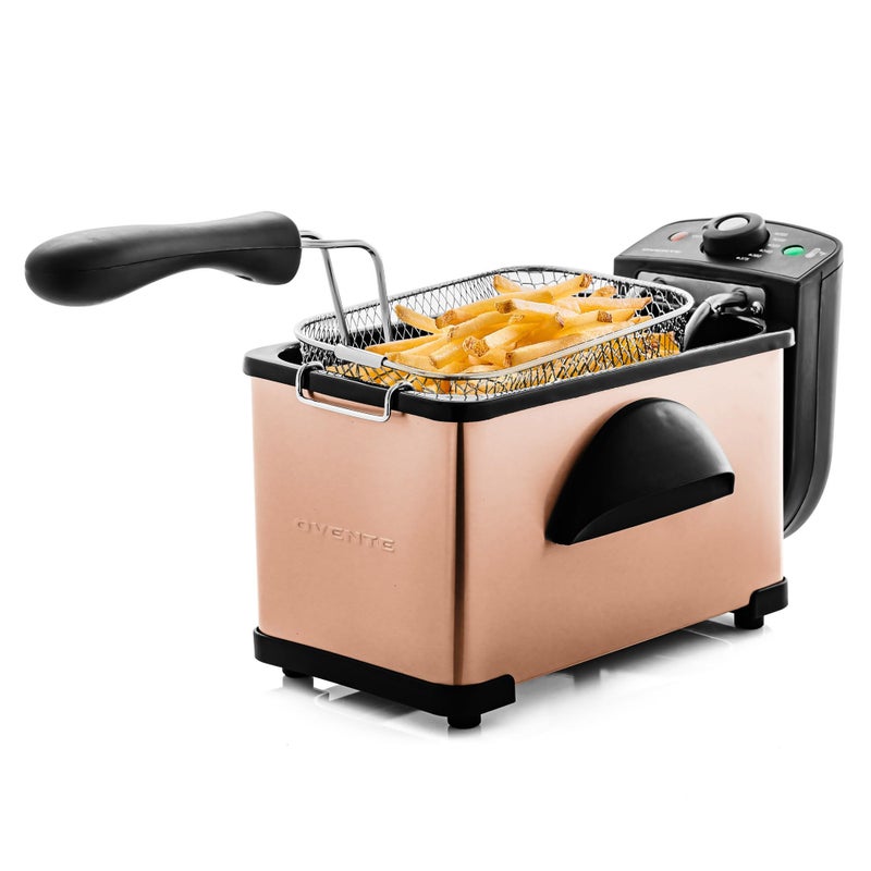 OVENTE Electric Deep Fryer 2L Capacity, Lid with Viewing Window, Adjustable Temperature, Removable Frying Basket & Cool Touch Handle, 1500W Power, Easy to Clean Stainless Steel Body, Copper FDM2201CO - Image 1