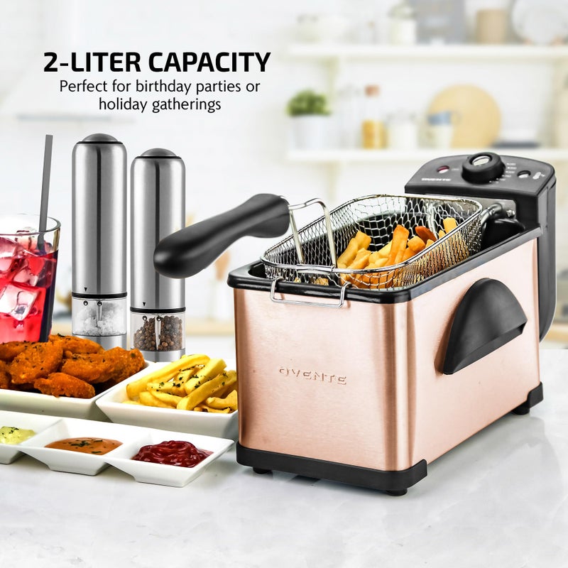 OVENTE Electric Deep Fryer 2L Capacity, Lid with Viewing Window, Adjustable Temperature, Removable Frying Basket & Cool Touch Handle, 1500W Power, Easy to Clean Stainless Steel Body, Copper FDM2201CO - Image 2