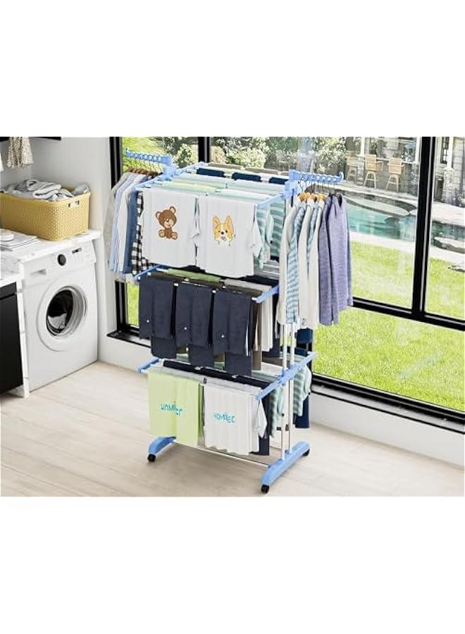 Airer Clothes Drying Rack,4-Tier Foldable Clothes Hanger Adjustable Large Stainless Steel Garment Laundry Racks for Indoor Outdoor (Blue) - Image 2