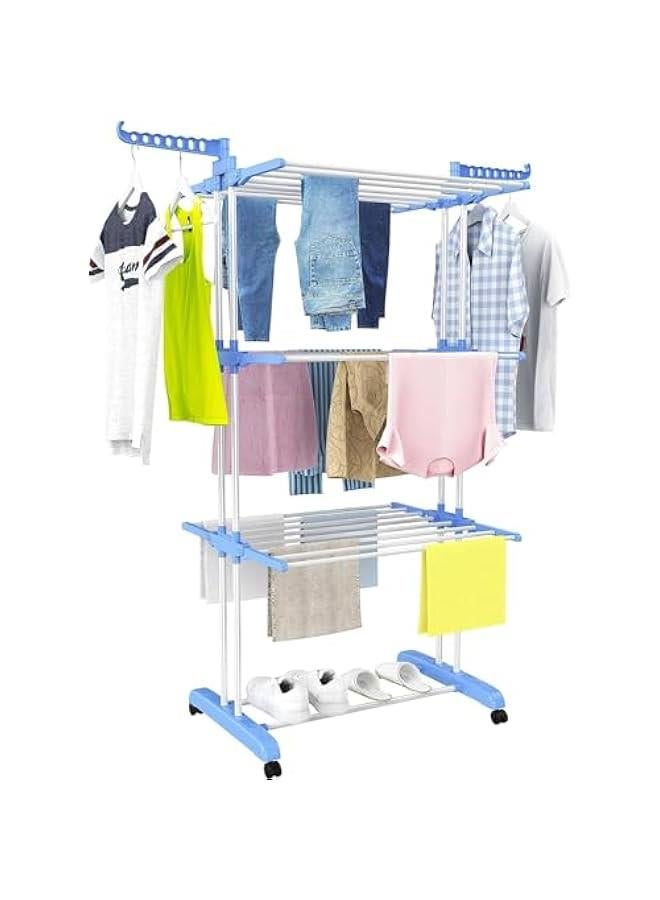 Airer Clothes Drying Rack,4-Tier Foldable Clothes Hanger Adjustable Large Stainless Steel Garment Laundry Racks for Indoor Outdoor (Blue) - Image 1