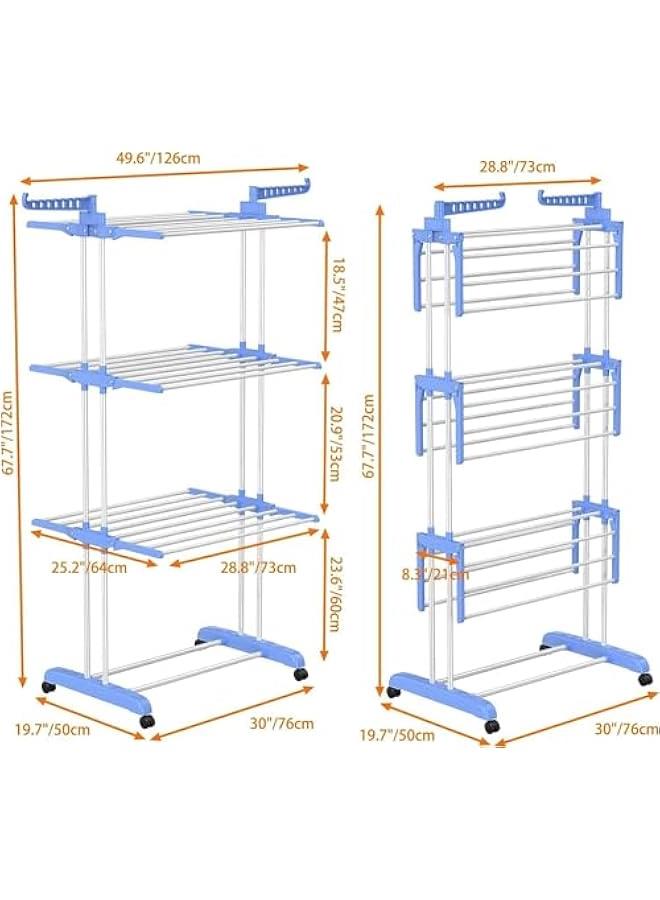 Airer Clothes Drying Rack,4-Tier Foldable Clothes Hanger Adjustable Large Stainless Steel Garment Laundry Racks for Indoor Outdoor (Blue) - Image 4