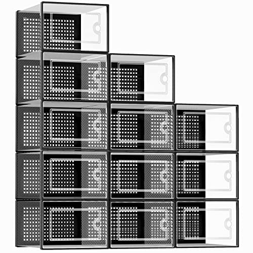 Kuject X-Large Shoe Storage Boxes Organizers Clear Plastic Stackable 12 Pack, Shoe Rack & Holder Substitute, Sneaker Containers, Toy Storage Organizer Bins for Entryway, Closet, Under Bed, Black - Image 1