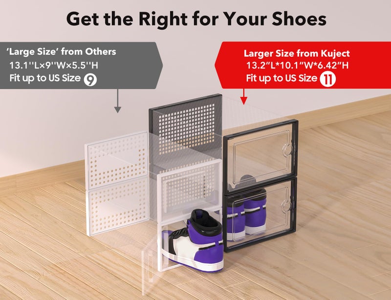 Kuject X-Large Shoe Storage Boxes Organizers Clear Plastic Stackable 12 Pack, Shoe Rack & Holder Substitute, Sneaker Containers, Toy Storage Organizer Bins for Entryway, Closet, Under Bed, Black - Image 4