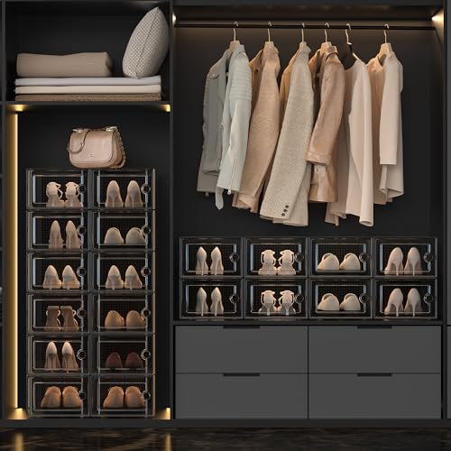 Kuject X-Large Shoe Storage Boxes Organizers Clear Plastic Stackable 12 Pack, Shoe Rack & Holder Substitute, Sneaker Containers, Toy Storage Organizer Bins for Entryway, Closet, Under Bed, Black - Image 2