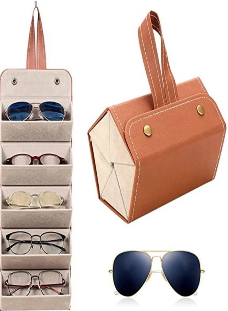 Sunglasses Organizer Travel Case, 5 Slots Portable Foldable Eyewear Glasses Storage Box, Glasses Display Holder, Leather Multiple Glasses Storage Case, Keep Glasses Organised at Home Travel - Image 1