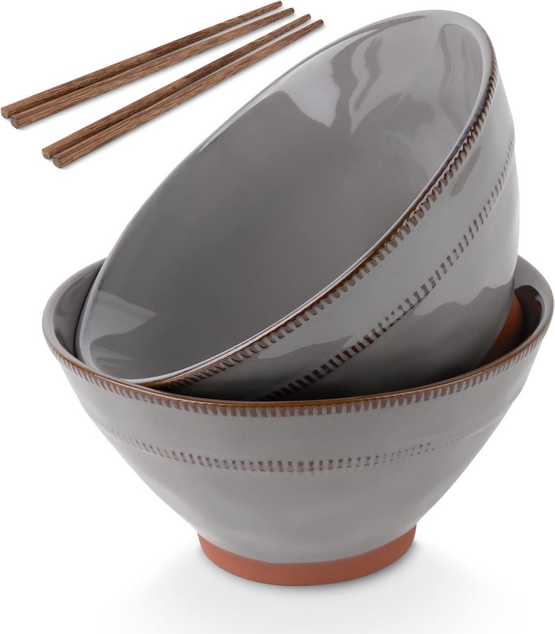 KooK Japanese Ramen Bowls Microwavable Dishwasher Safe Terracotta for Rice Udon Soba Pho 36 oz Carbon Grey Set of 2 with 2 Sets of Wooden Chopsticks - Image 1