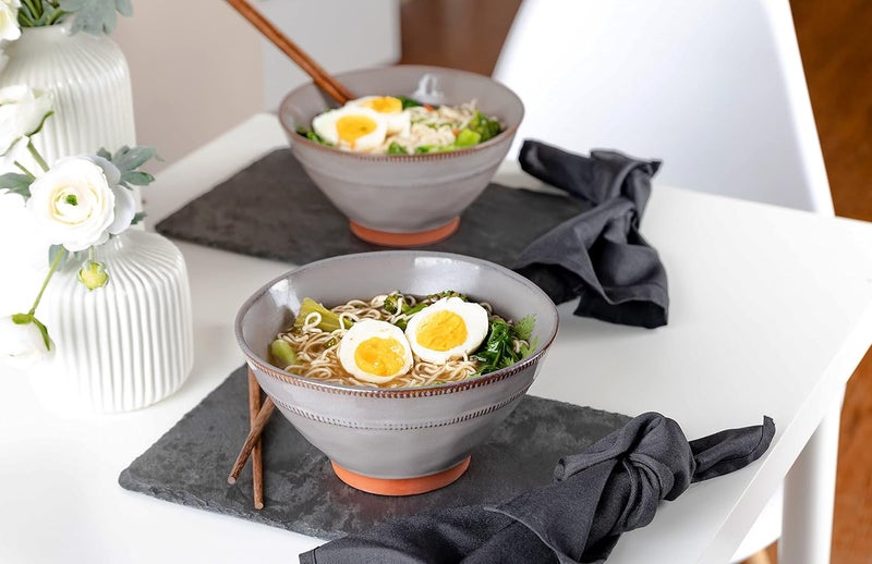 KooK Japanese Ramen Bowls Microwavable Dishwasher Safe Terracotta for Rice Udon Soba Pho 36 oz Carbon Grey Set of 2 with 2 Sets of Wooden Chopsticks - Image 3