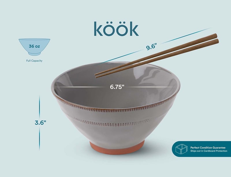 KooK Japanese Ramen Bowls Microwavable Dishwasher Safe Terracotta for Rice Udon Soba Pho 36 oz Carbon Grey Set of 2 with 2 Sets of Wooden Chopsticks - Image 5