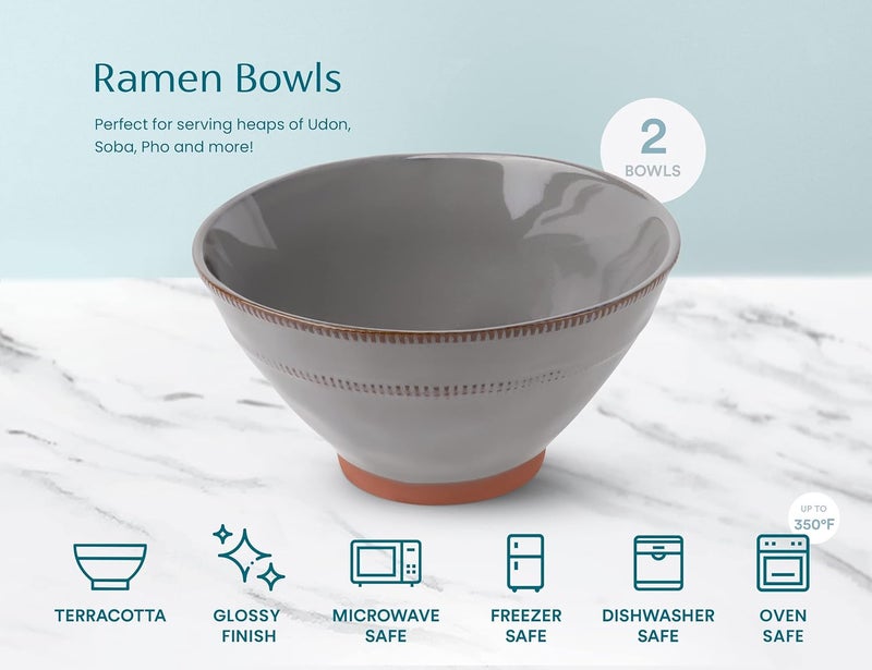 KooK Japanese Ramen Bowls Microwavable Dishwasher Safe Terracotta for Rice Udon Soba Pho 36 oz Carbon Grey Set of 2 with 2 Sets of Wooden Chopsticks - Image 4