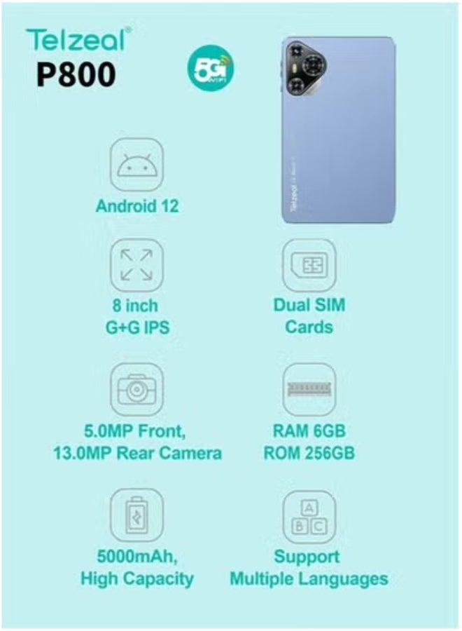 Telzeal P800 8-Inch Android 12 Tablet with 6GB RAM and 256GB Storage – Dual SIM 4G LTE + 5G Wi-Fi, Quad-Core Processor, 5000mAh Battery, Front & Rear Cameras, Lightweight Compact Design, Wireless Keyboard Included – Ideal for Students, Travel, Office & Home – Blue Color - Image 3
