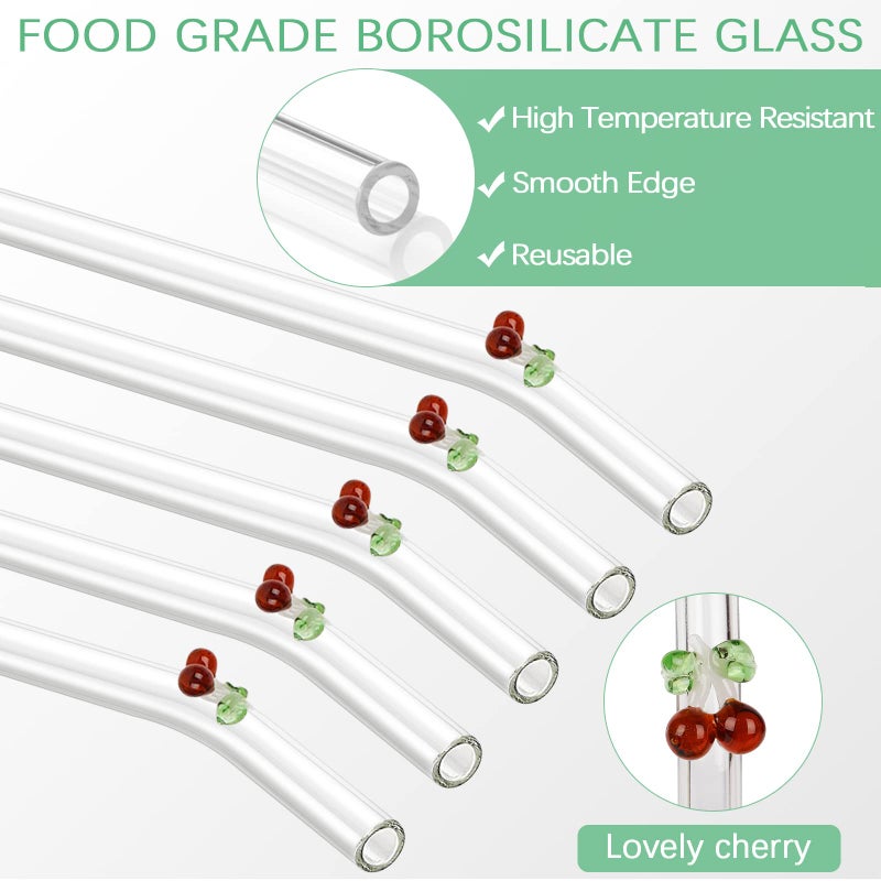Olpchee 5 Pcs Reusable Straws Clear Glass Straws Colorful Cherry Design Size 7.8"" X 8Mm With 1 Cleaning Brush For Smoothies Milkshakes Juices Teas (Caramel) - Image 3