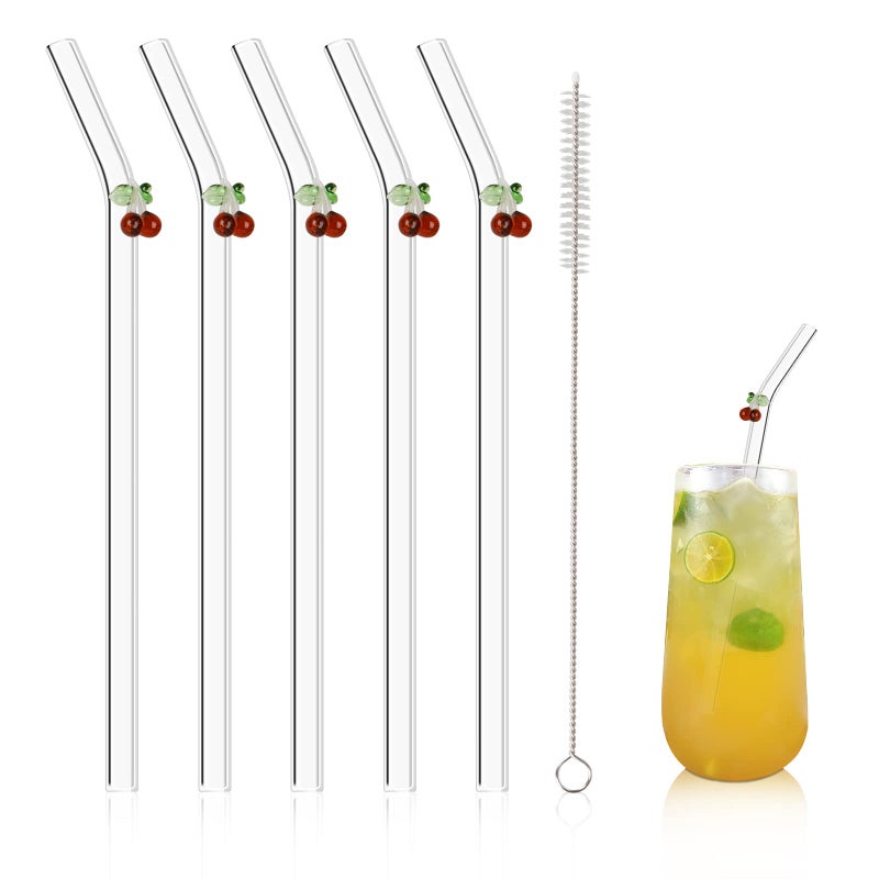 Olpchee 5 Pcs Reusable Straws Clear Glass Straws Colorful Cherry Design Size 7.8"" X 8Mm With 1 Cleaning Brush For Smoothies Milkshakes Juices Teas (Caramel) - Image 1