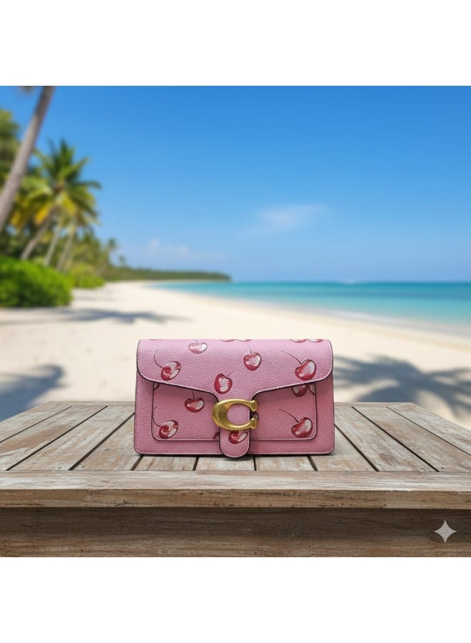 Coachoutlet Tabby Satchel Bag, Cherry Design, Gold Hardware with long belt strap