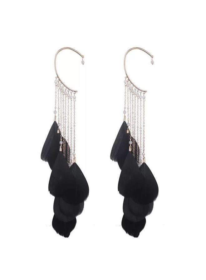 Elegant Super Fairy Feather Ear Hanging Bohemian Long Tassel Earrings Women's Earrings Without Ear Holes Internet Celebrity Vacation Jewelry 