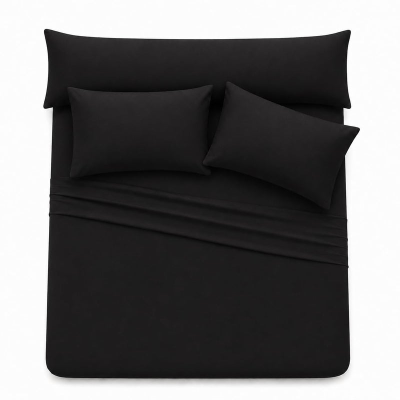Ultra Soft 4-Piece Bed Sheet Set – Flat Sheet with Long Pillow Cover & 2 Pillowcases – for 160 cm Bed Soft Cotton Blend Bedding Set (Black, 160 CM, 4) - Image 3