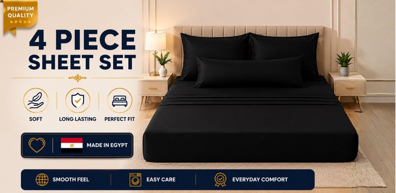 Ultra Soft 4-Piece Bed Sheet Set – Flat Sheet with Long Pillow Cover & 2 Pillowcases – for 160 cm Bed Soft Cotton Blend Bedding Set (Black, 160 CM, 4) - Image 2