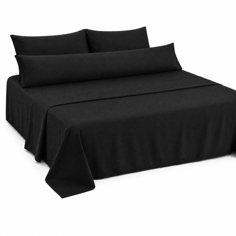 Ultra Soft 4-Piece Bed Sheet Set – Flat Sheet with Long Pillow Cover & 2 Pillowcases – for 160 cm Bed Soft Cotton Blend Bedding Set (Black, 160 CM, 4) - Image 1