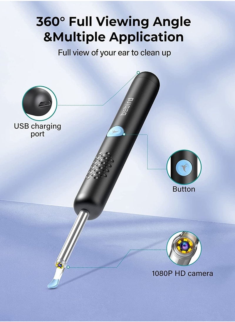 R1 Wireless Smart Visual Ear Stick With 1080P Otoscope HD Camera & 6 LED Lights For Ear Cleaning 2 Silicone Ear Scoops Ear Cleaner 300W - Black