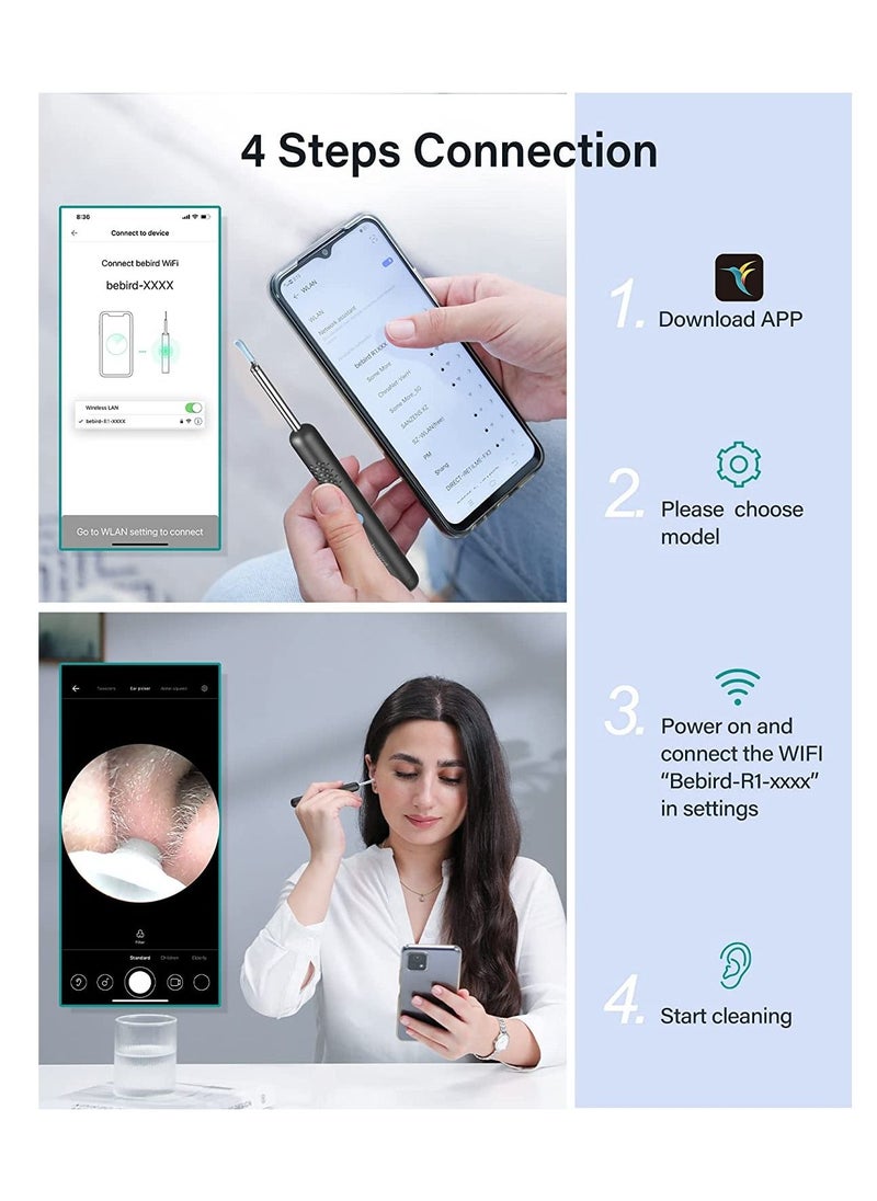 R1 Wireless Smart Visual Ear Stick With 1080P Otoscope HD Camera & 6 LED Lights For Ear Cleaning 2 Silicone Ear Scoops Ear Cleaner 300W - Black