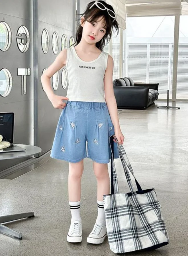 YUNIQEE Light Blue Regular Fit Mid Rise Printed Denim Shorts
