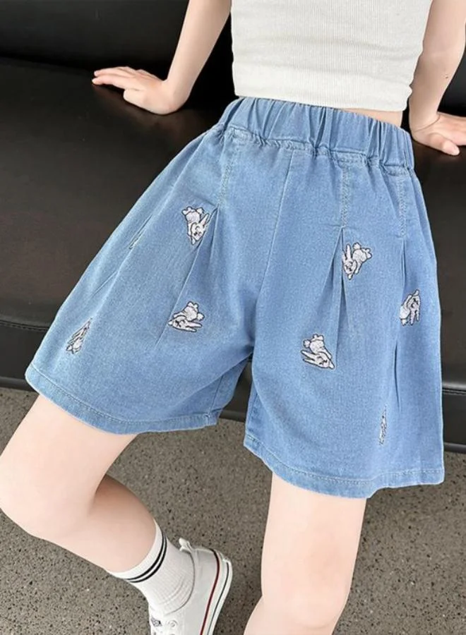 YUNIQEE Light Blue Regular Fit Mid Rise Printed Denim Shorts