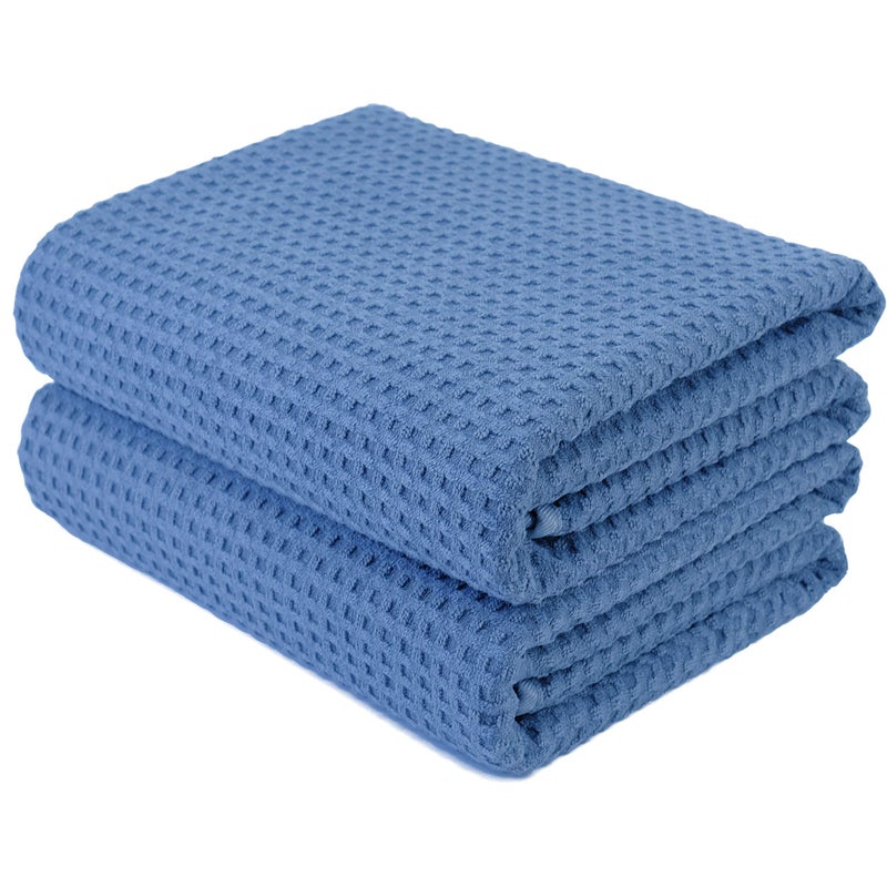 POLYTE Microfiber Oversize Quick Dry Lint Free Bath Towel 60 x 30 in Set of 2 Blue Waffle Weave
