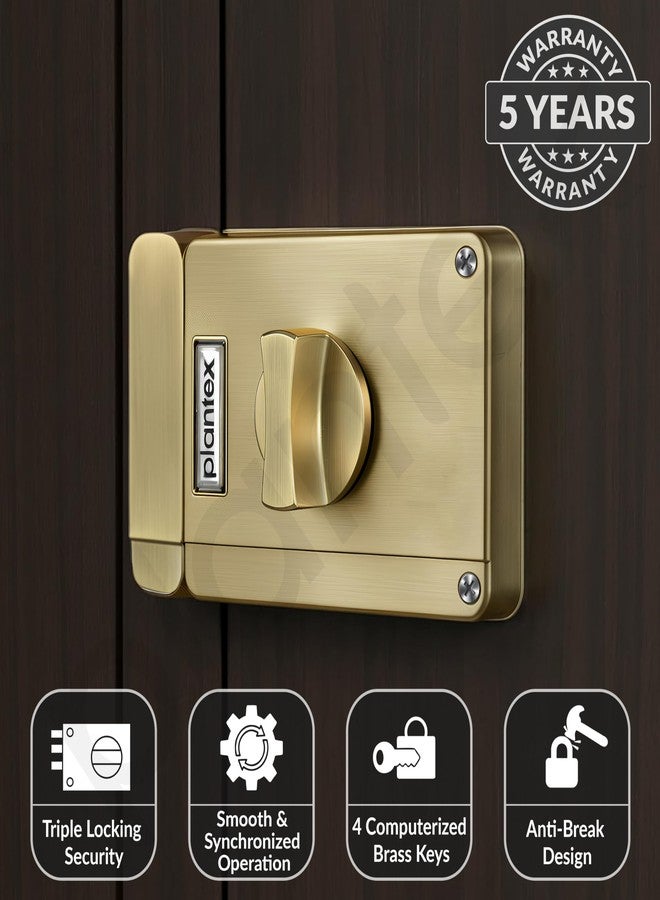 Plantex Brass Tri-Bolt Lock for Main Door/Heavy Duty Door Lock with 4 Keys/Suitable On Single Door for Home/Office/Hotel - Pack of 1 (Brass Antique) - Image 2
