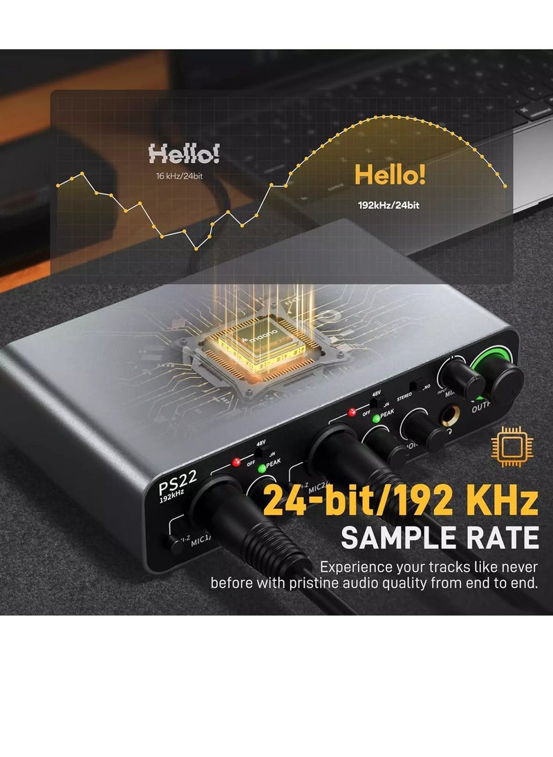 Maono - PS22 USB Audio interface for PC with 60 dB Pro-preamp, 24bit/192kHz, Dual USB interface for PC&Smartphone, Routing Software for Home Recording, Music Production, Guitar, Podcast, Streaming - Image 1