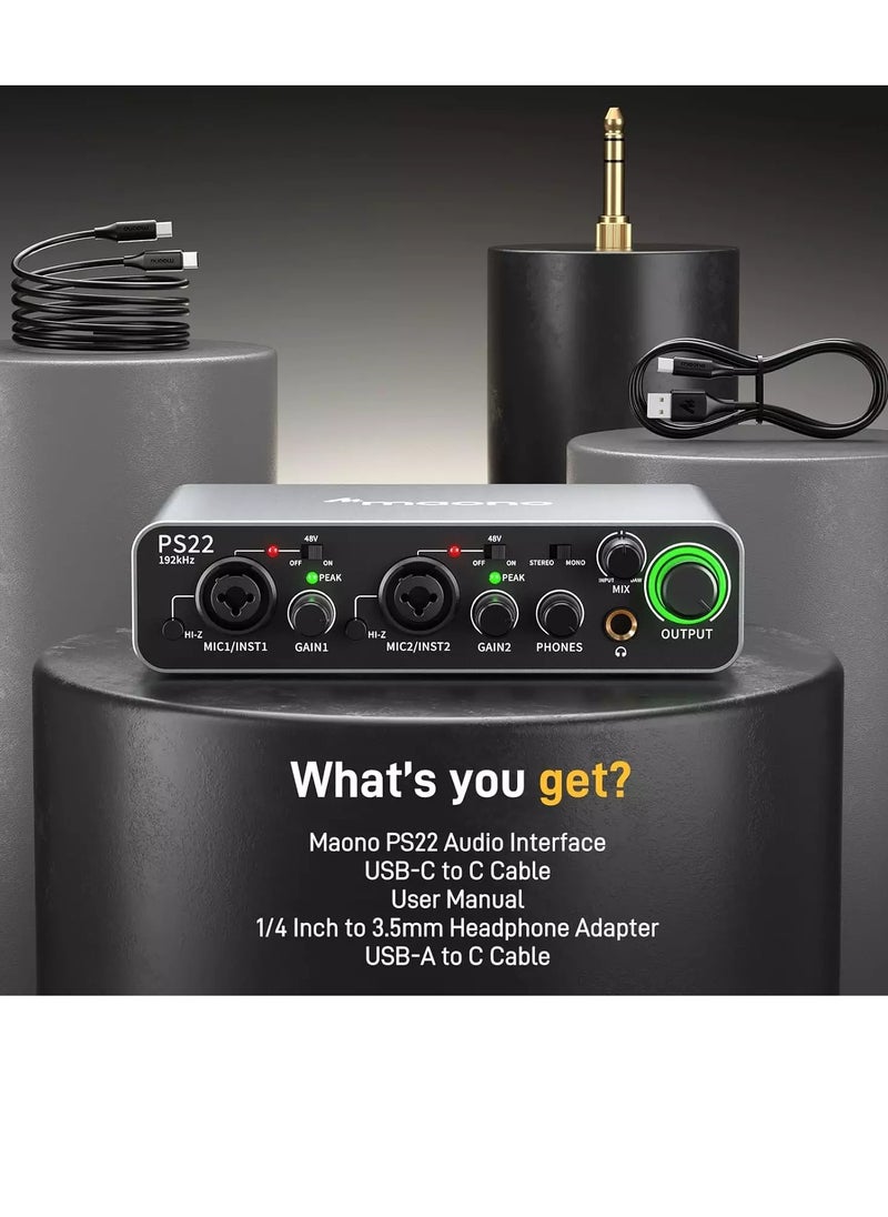 Maono - PS22 USB Audio interface for PC with 60 dB Pro-preamp, 24bit/192kHz, Dual USB interface for PC&Smartphone, Routing Software for Home Recording, Music Production, Guitar, Podcast, Streaming - Image 1