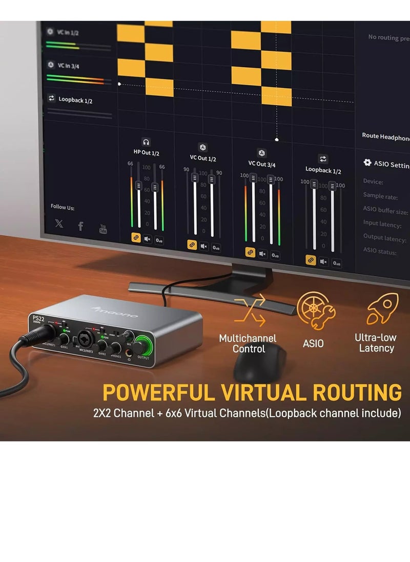 Maono - PS22 USB Audio interface for PC with 60 dB Pro-preamp, 24bit/192kHz, Dual USB interface for PC&Smartphone, Routing Software for Home Recording, Music Production, Guitar, Podcast, Streaming - Image 1
