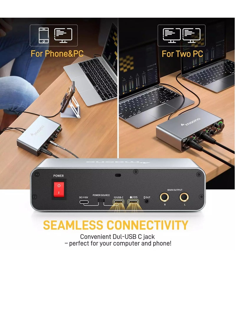 Maono - PS22 USB Audio interface for PC with 60 dB Pro-preamp, 24bit/192kHz, Dual USB interface for PC&Smartphone, Routing Software for Home Recording, Music Production, Guitar, Podcast, Streaming - Image 1