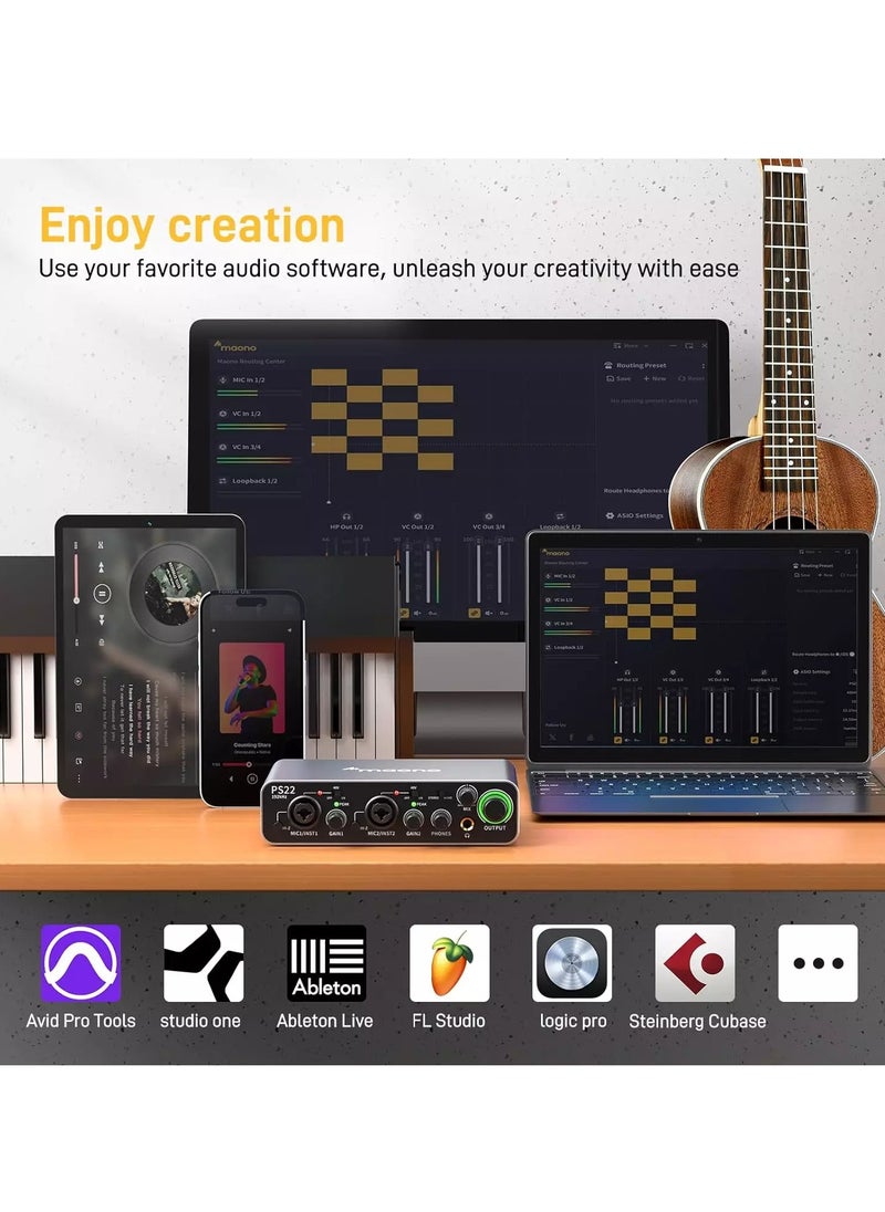 Maono - PS22 USB Audio interface for PC with 60 dB Pro-preamp, 24bit/192kHz, Dual USB interface for PC&Smartphone, Routing Software for Home Recording, Music Production, Guitar, Podcast, Streaming - Image 1