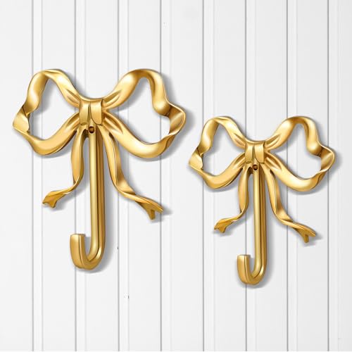 Lineshading 2 Pcs Gold Bow Wall Hooks Brass Coquette Bow Hooks for Coats Hats Bags Bath Towels Robes Vintage Room Decor Office Kitchen Hallway Bathroom Nursery Decorations LS - Image 1