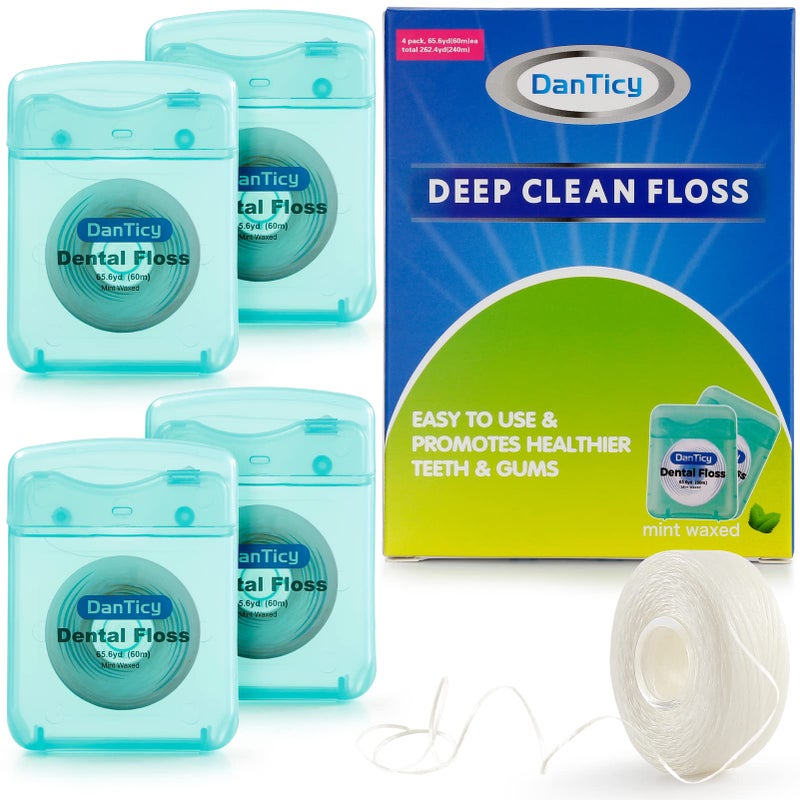 DanTicy Dental Floss Deep Clean Waxed Floss Extra Wide Cleaning Slides Smoothly & Easily Perfect for Individuals with Tight & Small Gaps Between Teeth PFAS Free | Mint Flavored 66Yards x 4 Pack 630D - Image 1