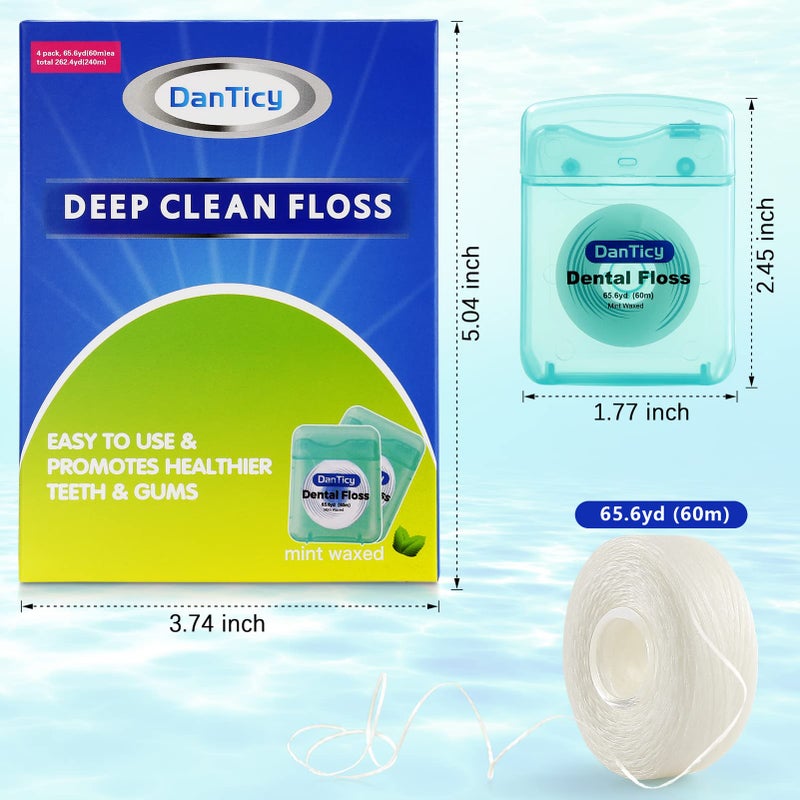 DanTicy Dental Floss Deep Clean Waxed Floss Extra Wide Cleaning Slides Smoothly & Easily Perfect for Individuals with Tight & Small Gaps Between Teeth PFAS Free | Mint Flavored 66Yards x 4 Pack 630D - Image 2
