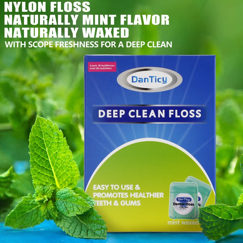DanTicy Dental Floss Deep Clean Waxed Floss Extra Wide Cleaning Slides Smoothly & Easily Perfect for Individuals with Tight & Small Gaps Between Teeth PFAS Free | Mint Flavored 66Yards x 4 Pack 630D - Image 4
