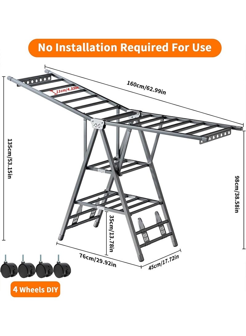 يواوليتي حامل تجفيف الملابس القابل للطي، حامل تجفيف الملابس من الفولاذ المقاوم للصدأ 3 طبقات 160 سم، رفوف تجفيف الملابس القابلة للطي للاستخدام الخارجي في الأماكن المغلقة - Image 4