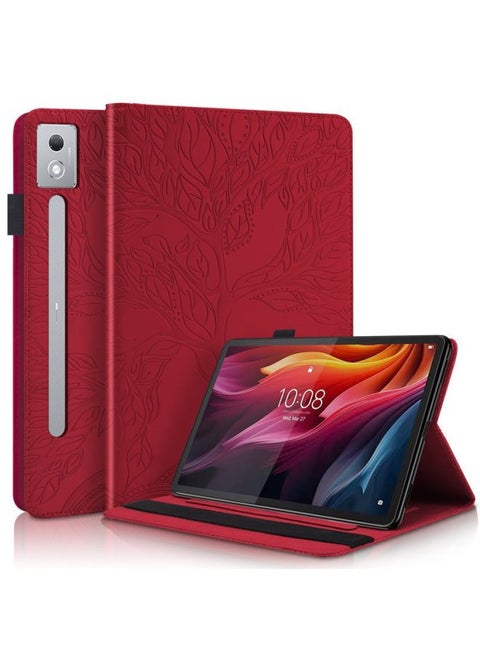 For Small Pad 2024 Flat Panel Protective Case Lenovo Tab M9 Life Tree Embossed Card Holder Leather Case-Color:Red-Applicable Models:Lenovo M10 Plus 10.6inch 3rd Generation 2022/tb-125fu
