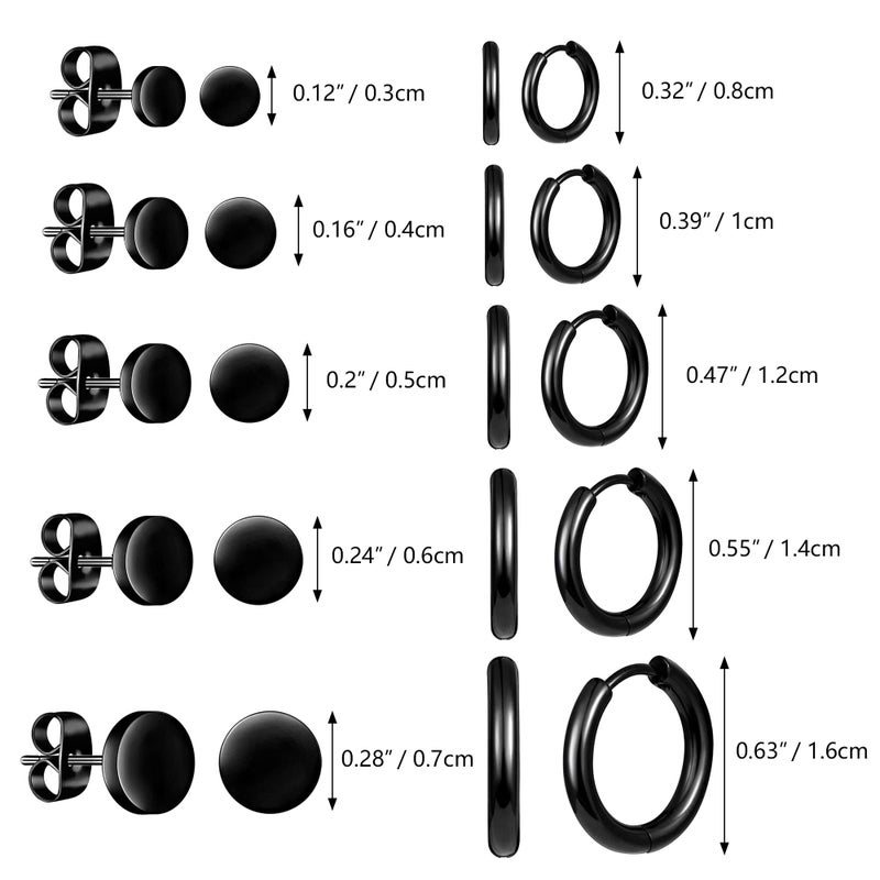 ALEXCRAFT 10 Pairs Small Black Stud Hoop Earrings for Men Black Stainless Steel Sutds Hoops Jewelry Set - Image 5